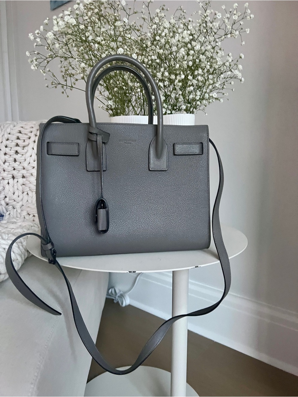 Saint Laurent Grained Calfskin Sac de Jour Baby Souple in Gray